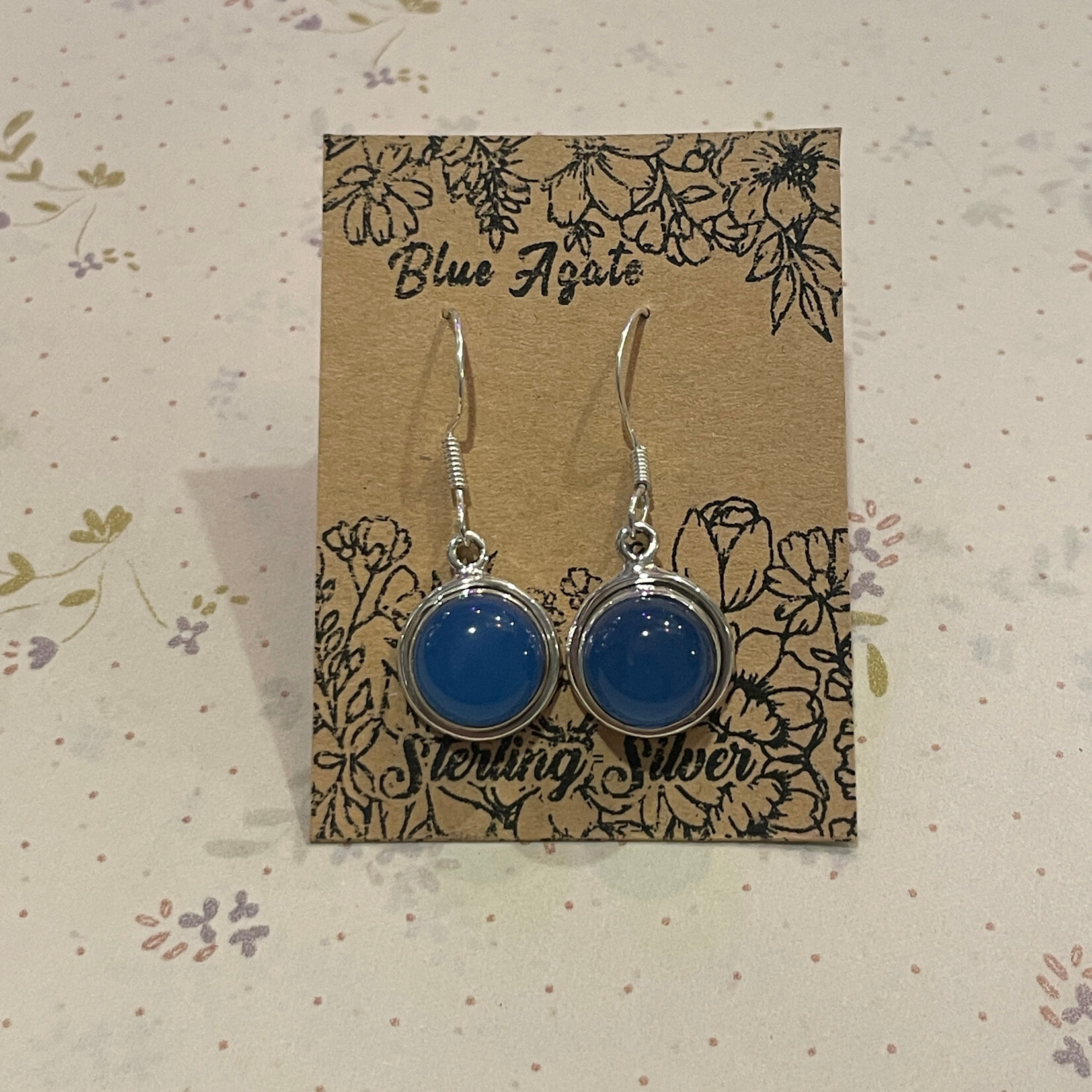 Round Blue Agate Sterling Silver Drop Earrings