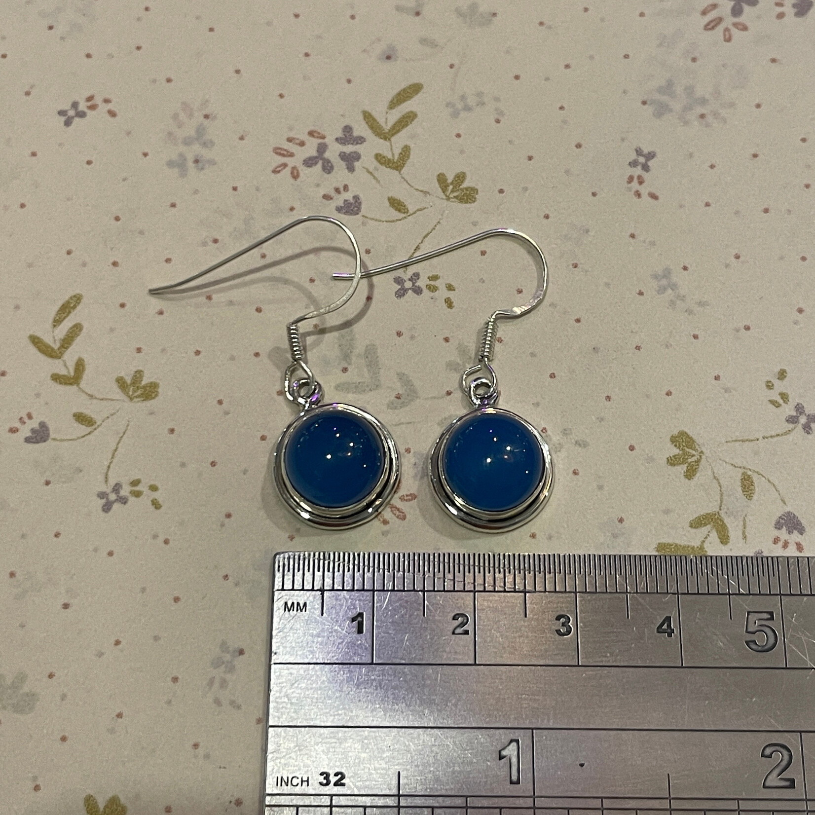 Round Blue Agate Sterling Silver Drop Earrings