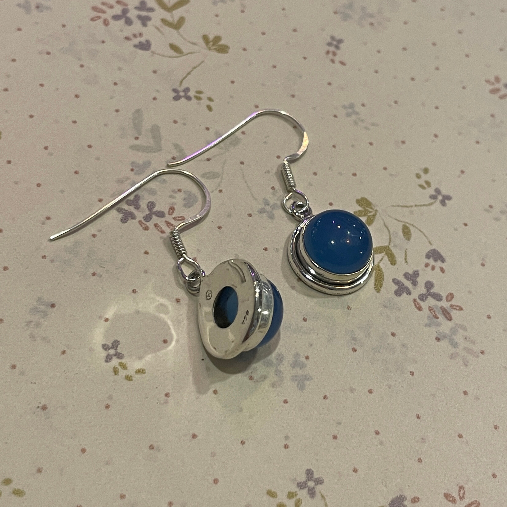 Round Blue Agate Sterling Silver Drop Earrings