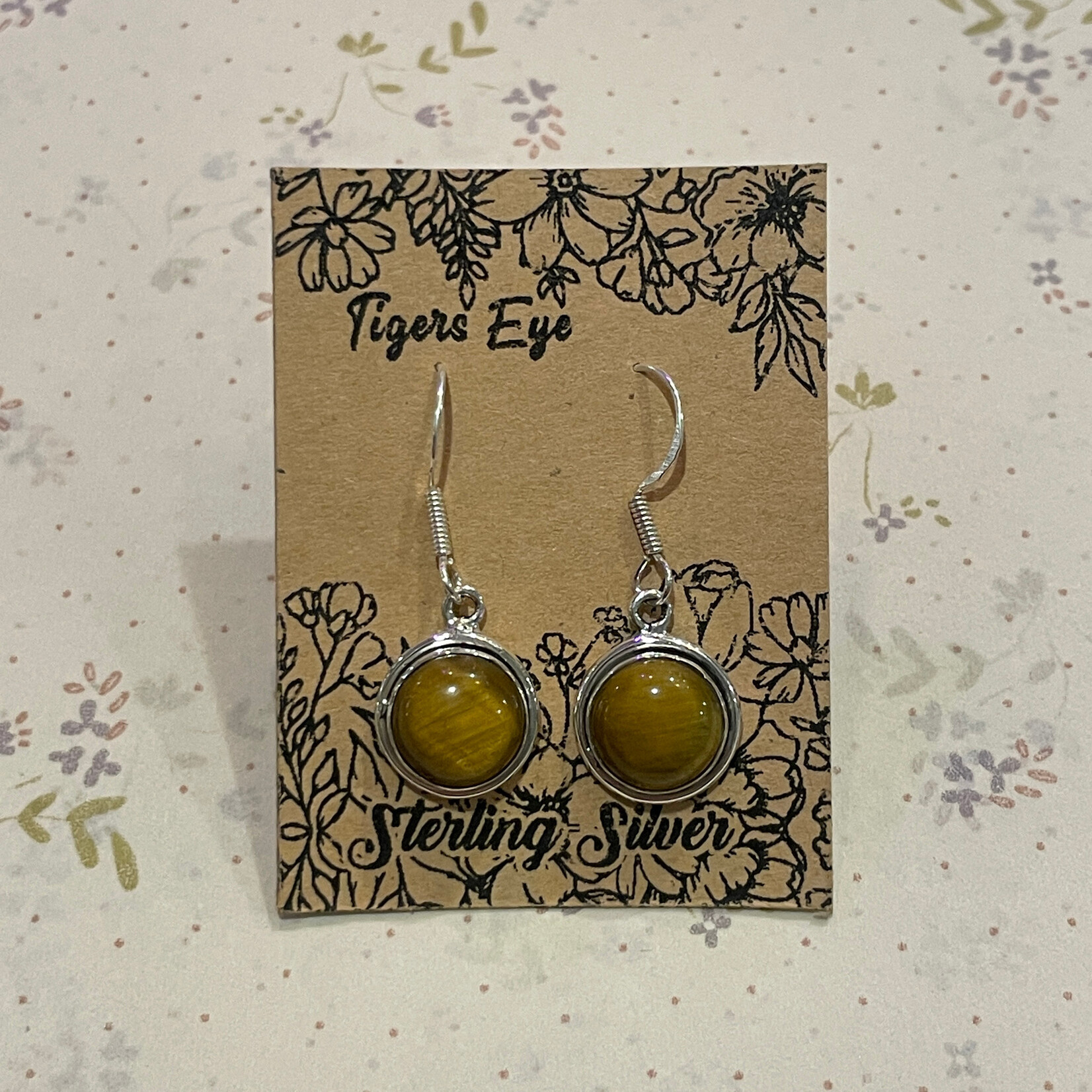 Round Tigers Eye Sterling Silver Drop Earrings