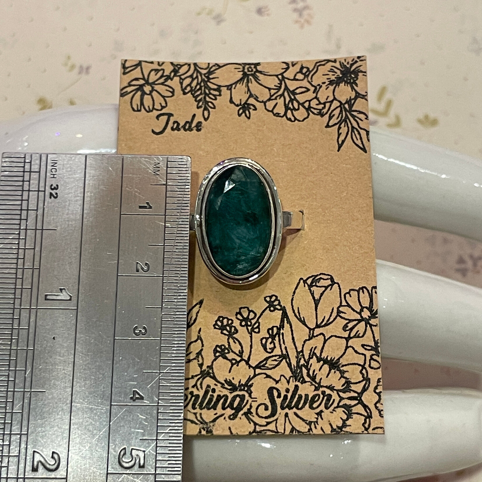 Size 9 Jade Faceted Oval Sterling Silver Ring