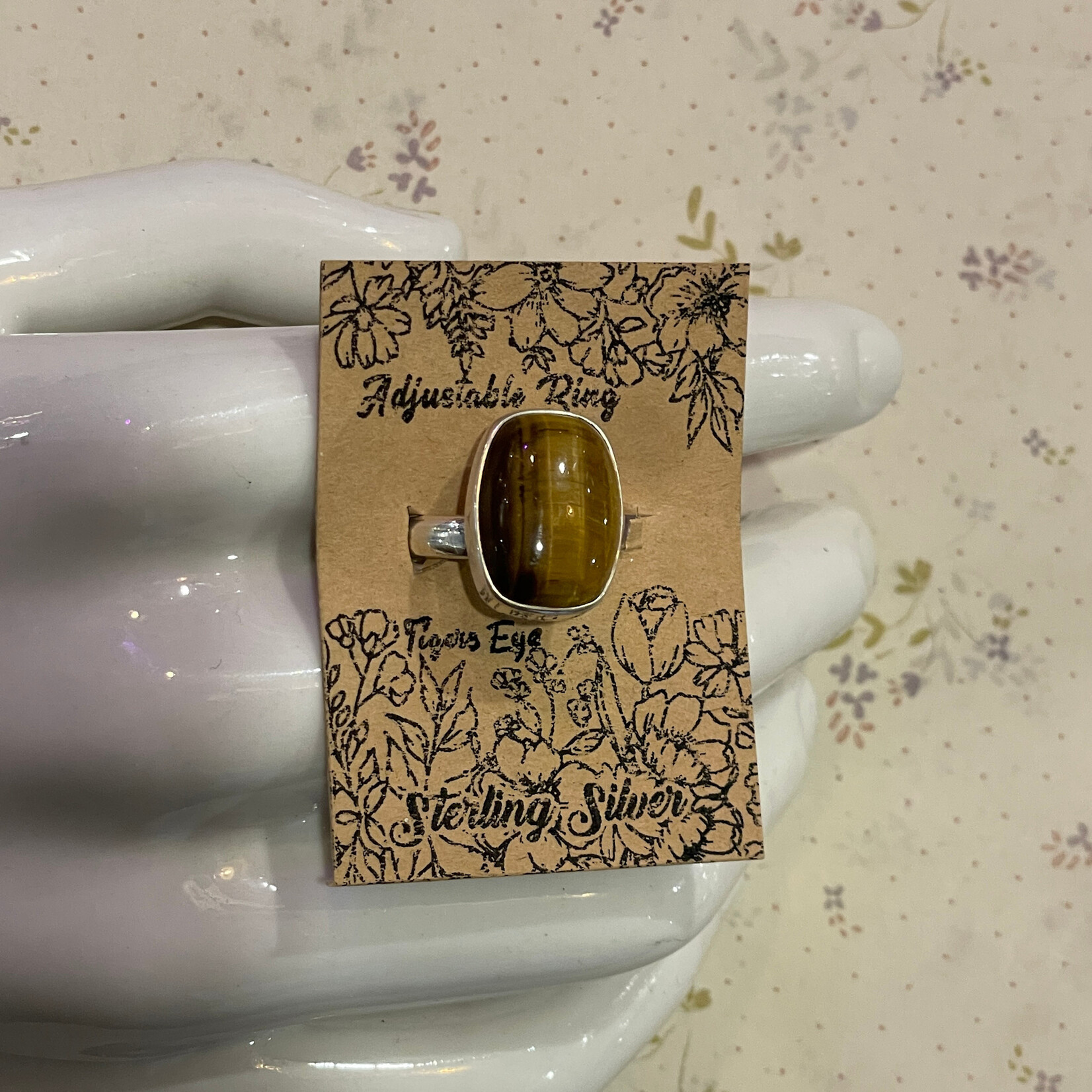 Tigers Eye Rectangular Adjustable Sterling Silver Ring