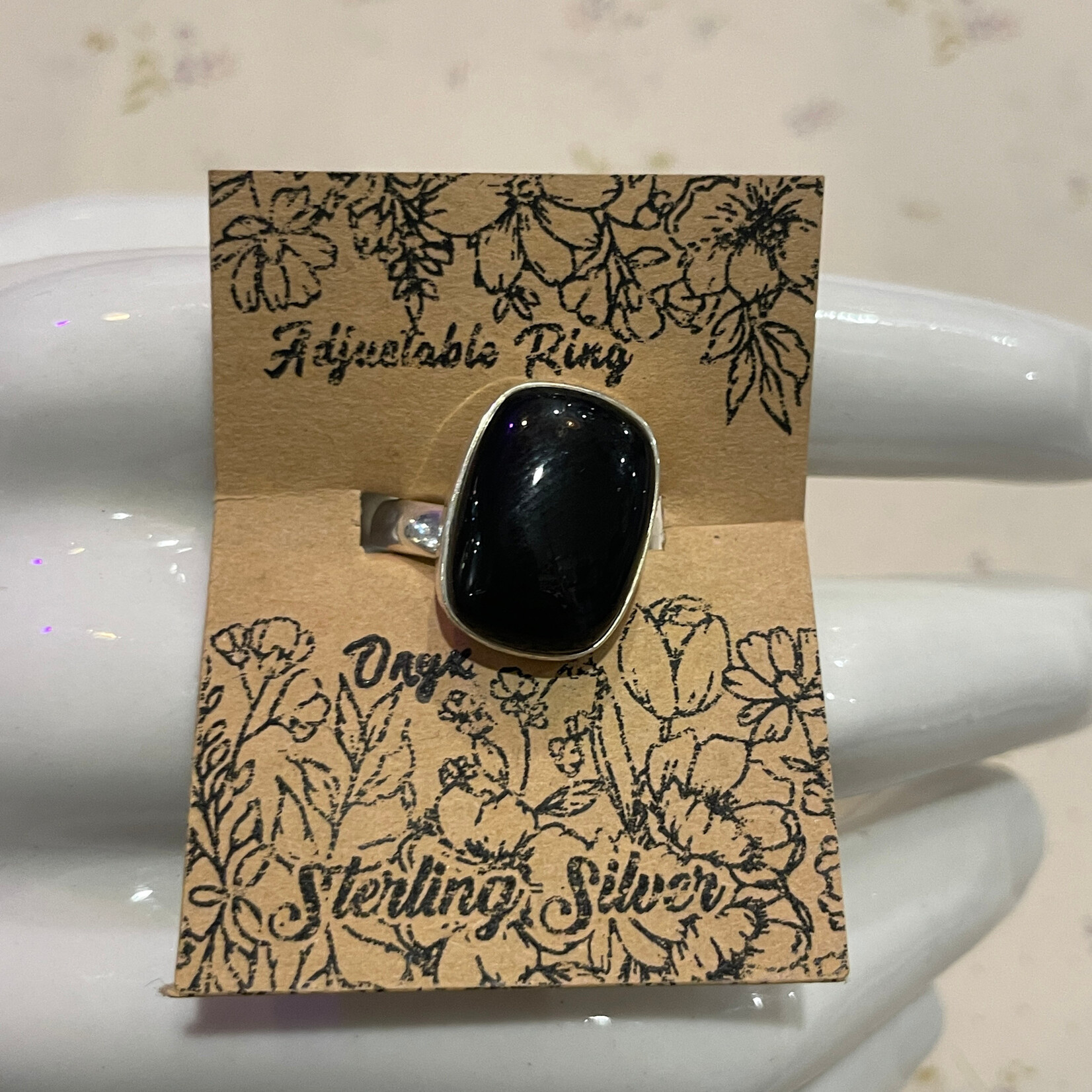 Onyx Rectangular Adjustable Sterling Silver Ring