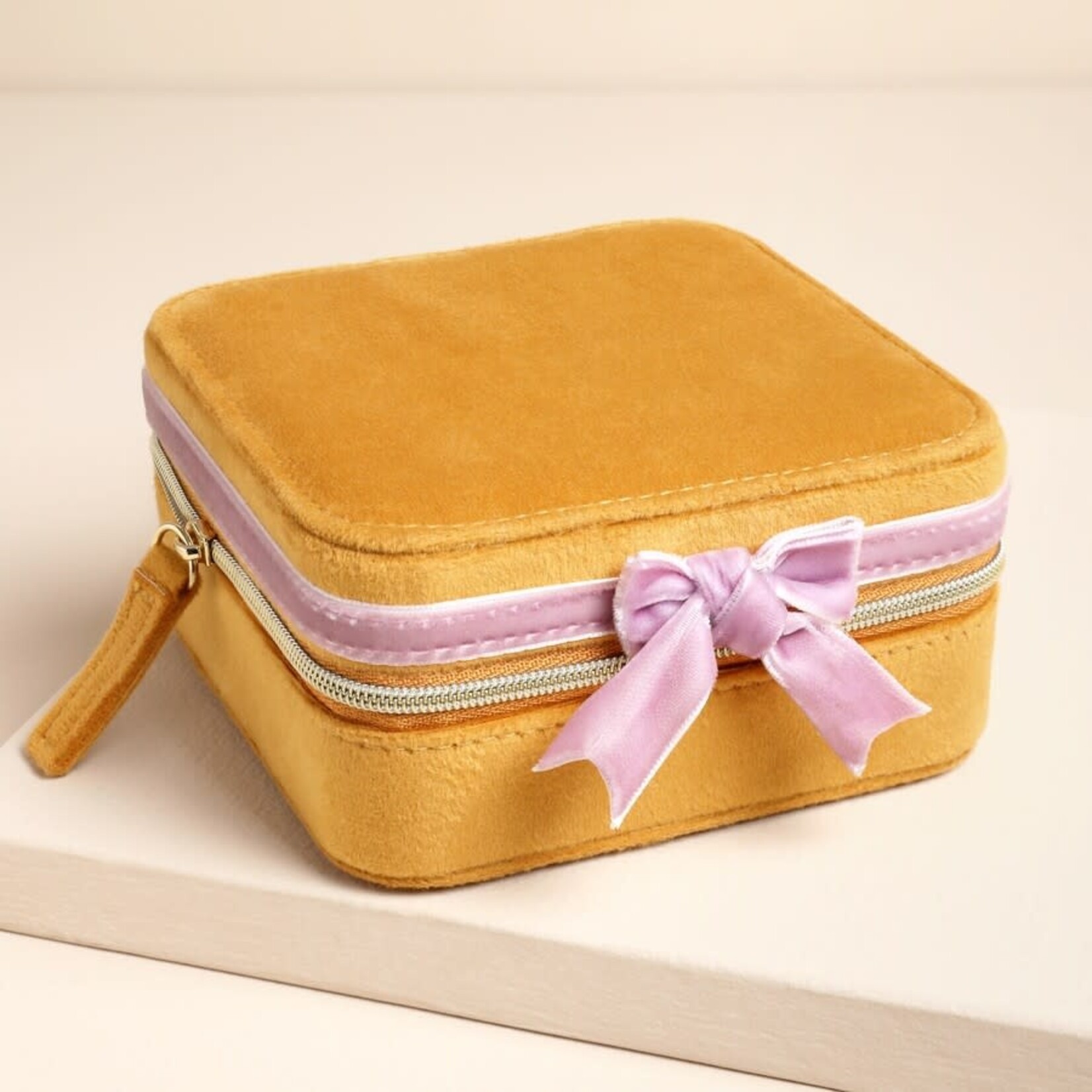 Lisa Angel Mustard and Pink Velvet Bow Square Travel Jewellery Case