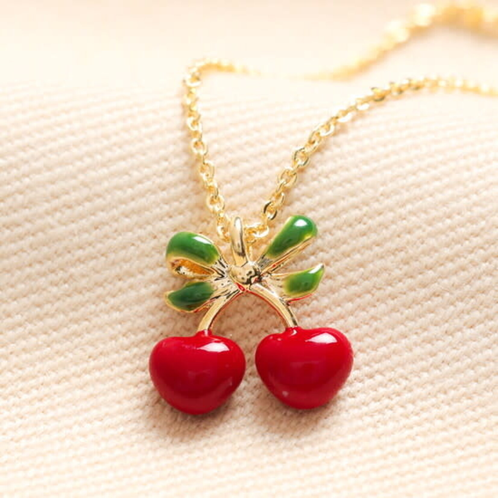 Lisa Angel Enamel Cherry Bow Pendant Necklace in Gold