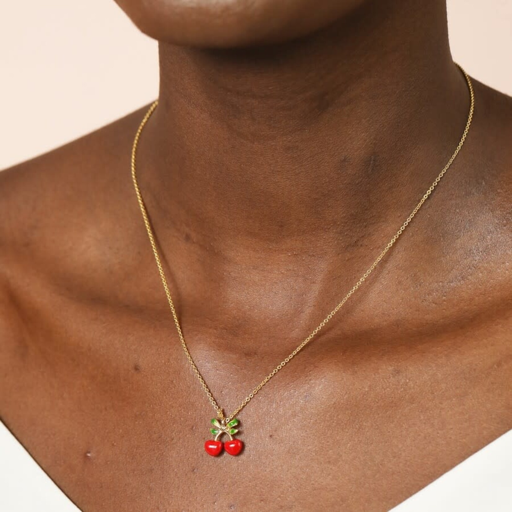 Lisa Angel Enamel Cherry Bow Pendant Necklace in Gold