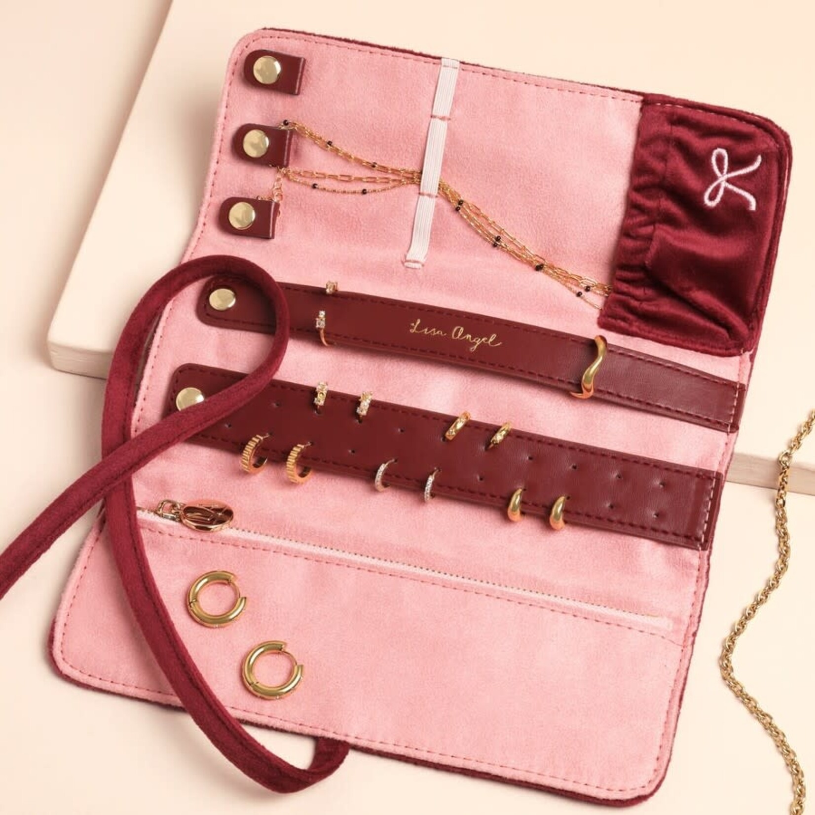 Lisa Angel Burgundy Bow Embroidered Velvet Jewellery Roll