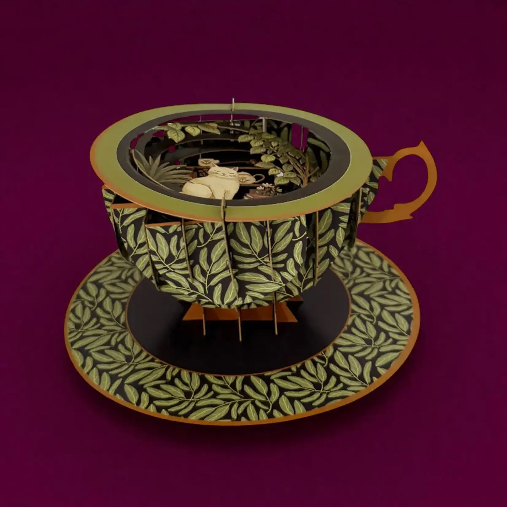 AllJoy Design Cat and Bookshelf Green Teacup Card