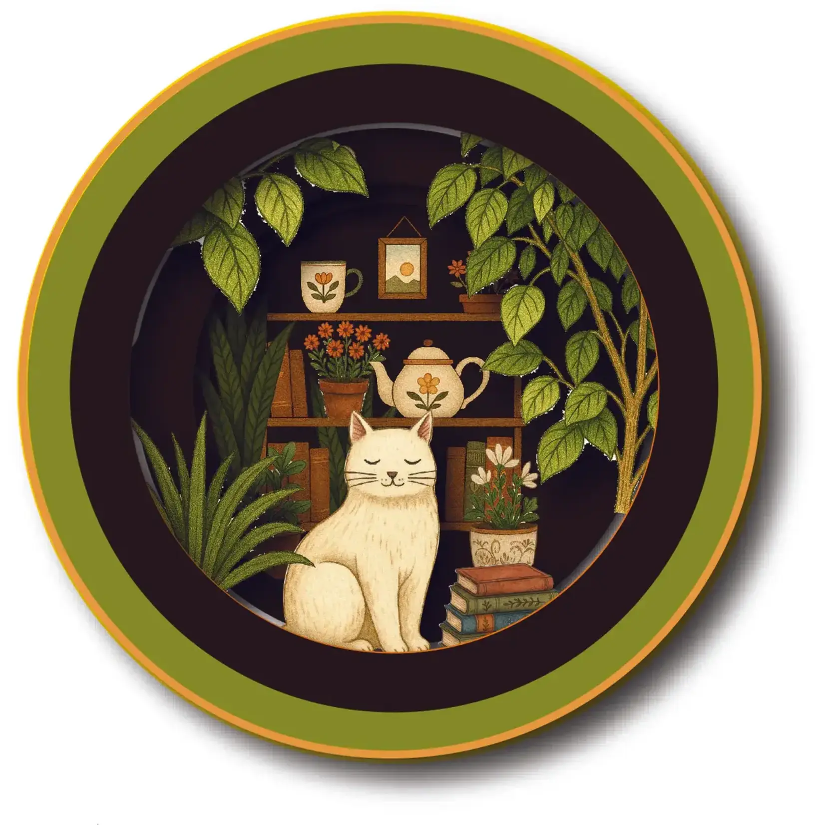 AllJoy Design Cat and Bookshelf Green Teacup Card