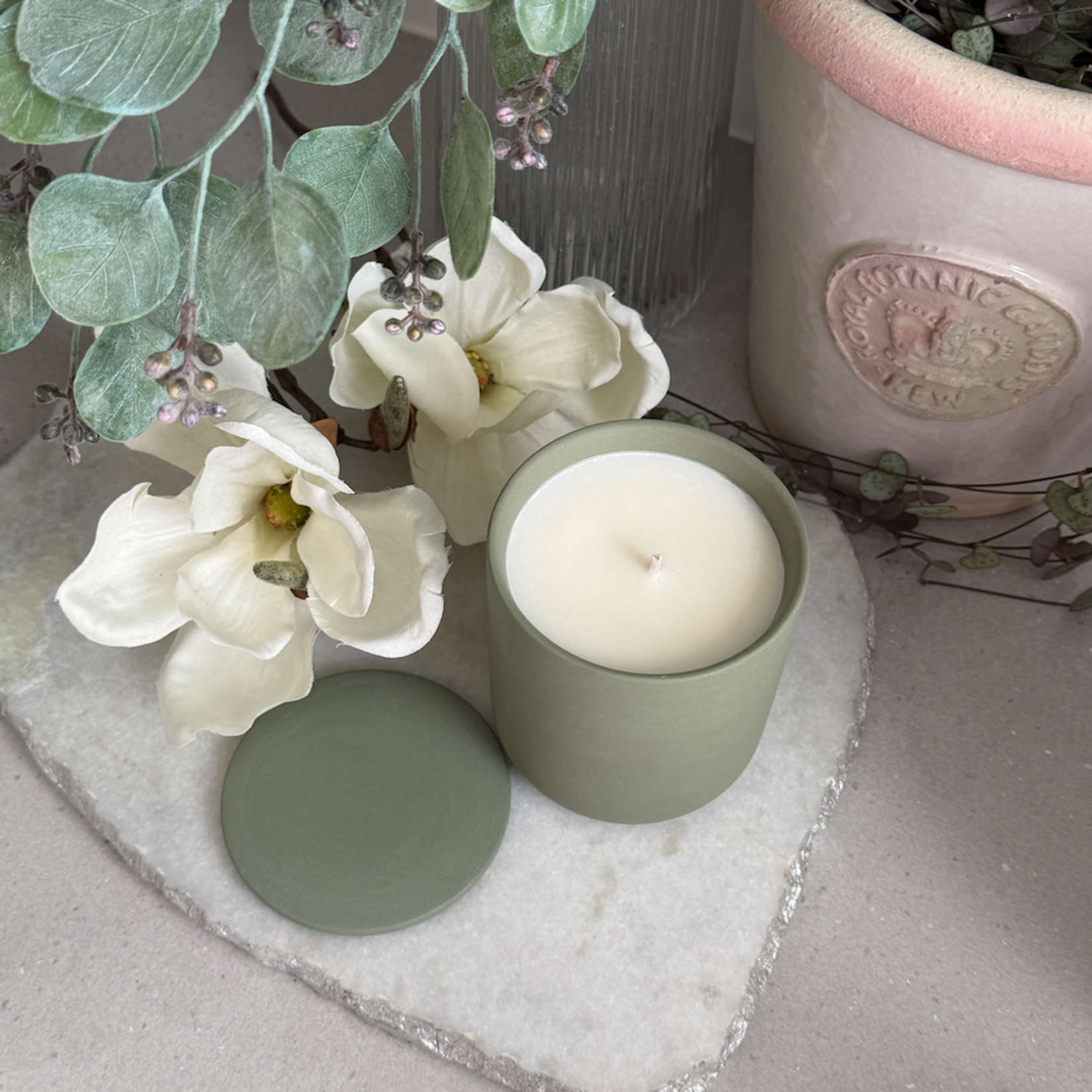 Heaven Scent Bon Vie ROSEMARY SAGE AND THYME Sage Ceramic Candle With Lid