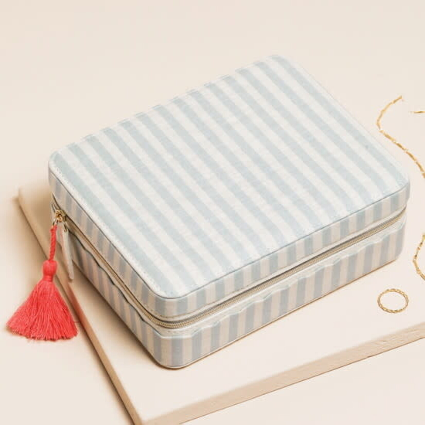 Lisa Angel Blue Striped Linen Rectangular Travel Jewellery Case