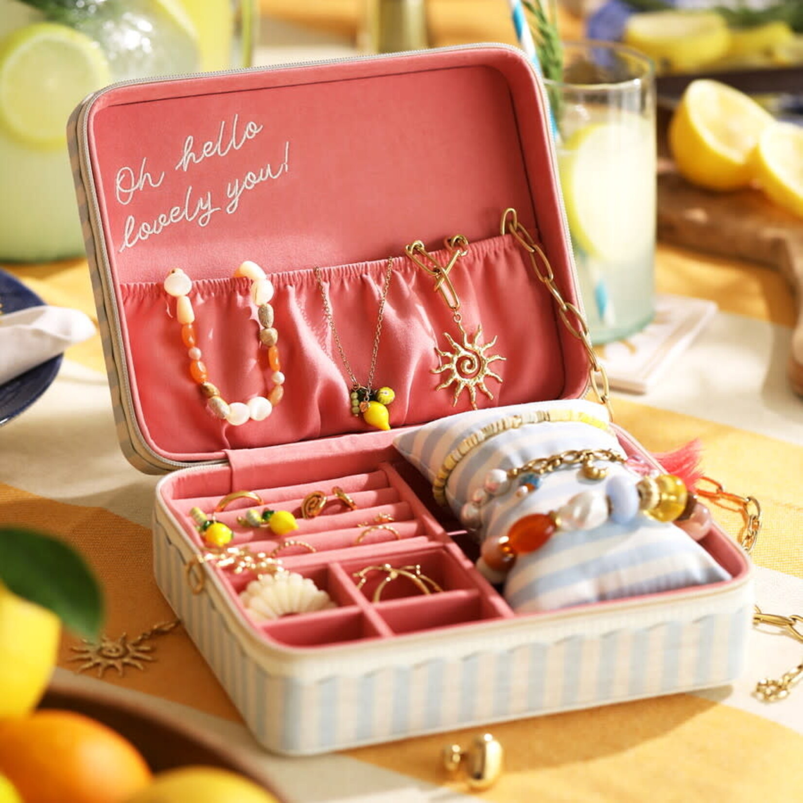 Lisa Angel Blue Striped Linen Rectangular Travel Jewellery Case