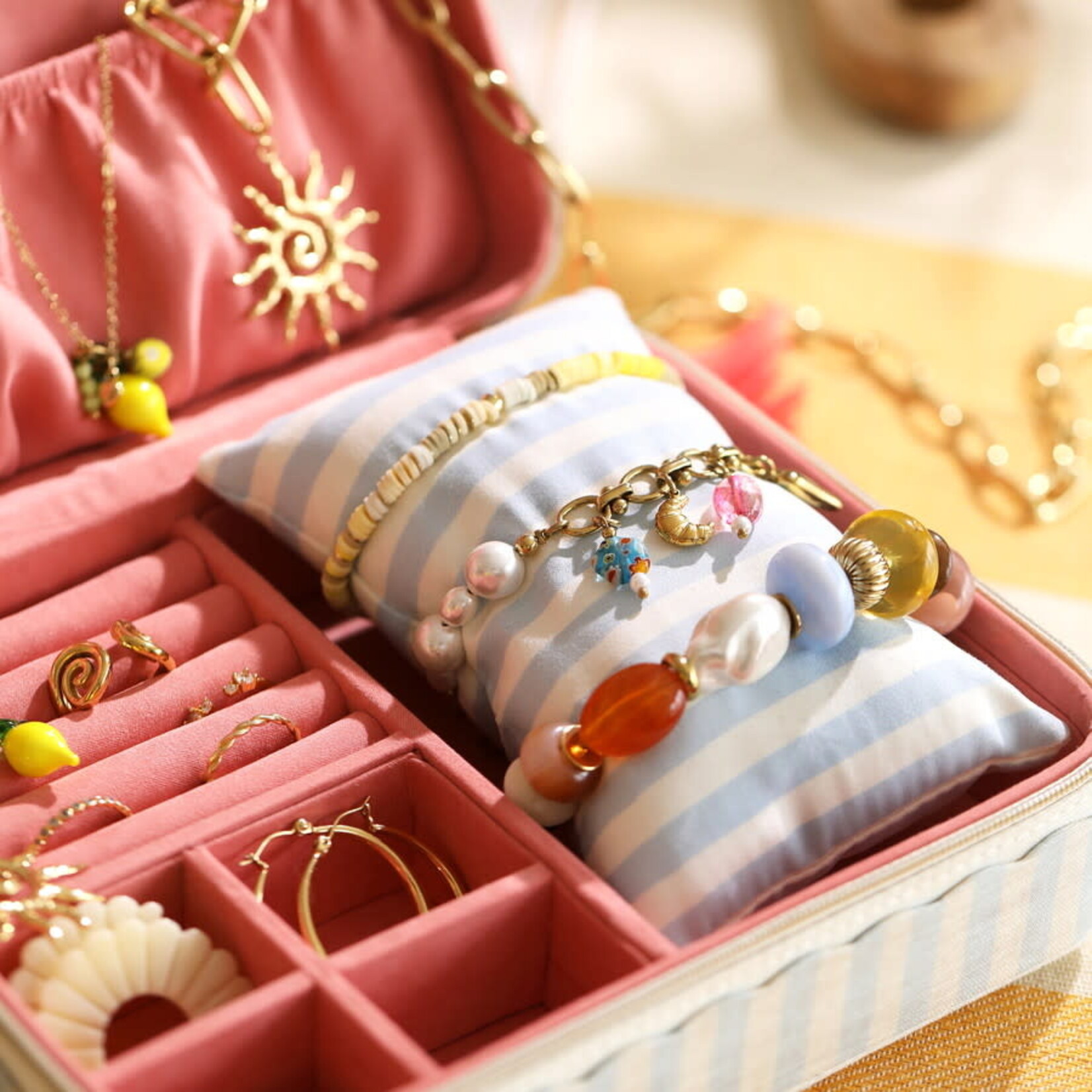 Lisa Angel Blue Striped Linen Rectangular Travel Jewellery Case