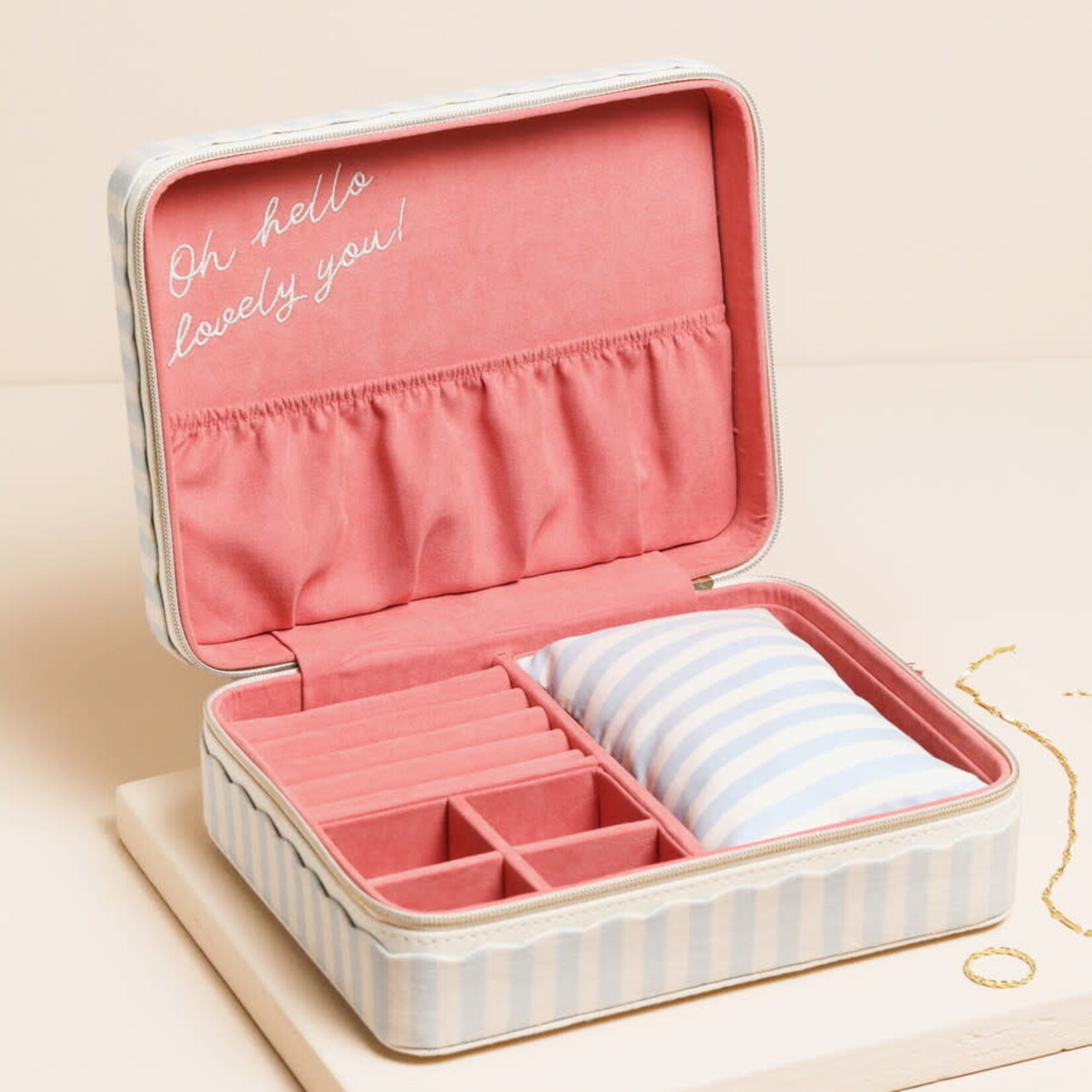 Lisa Angel Blue Striped Linen Rectangular Travel Jewellery Case