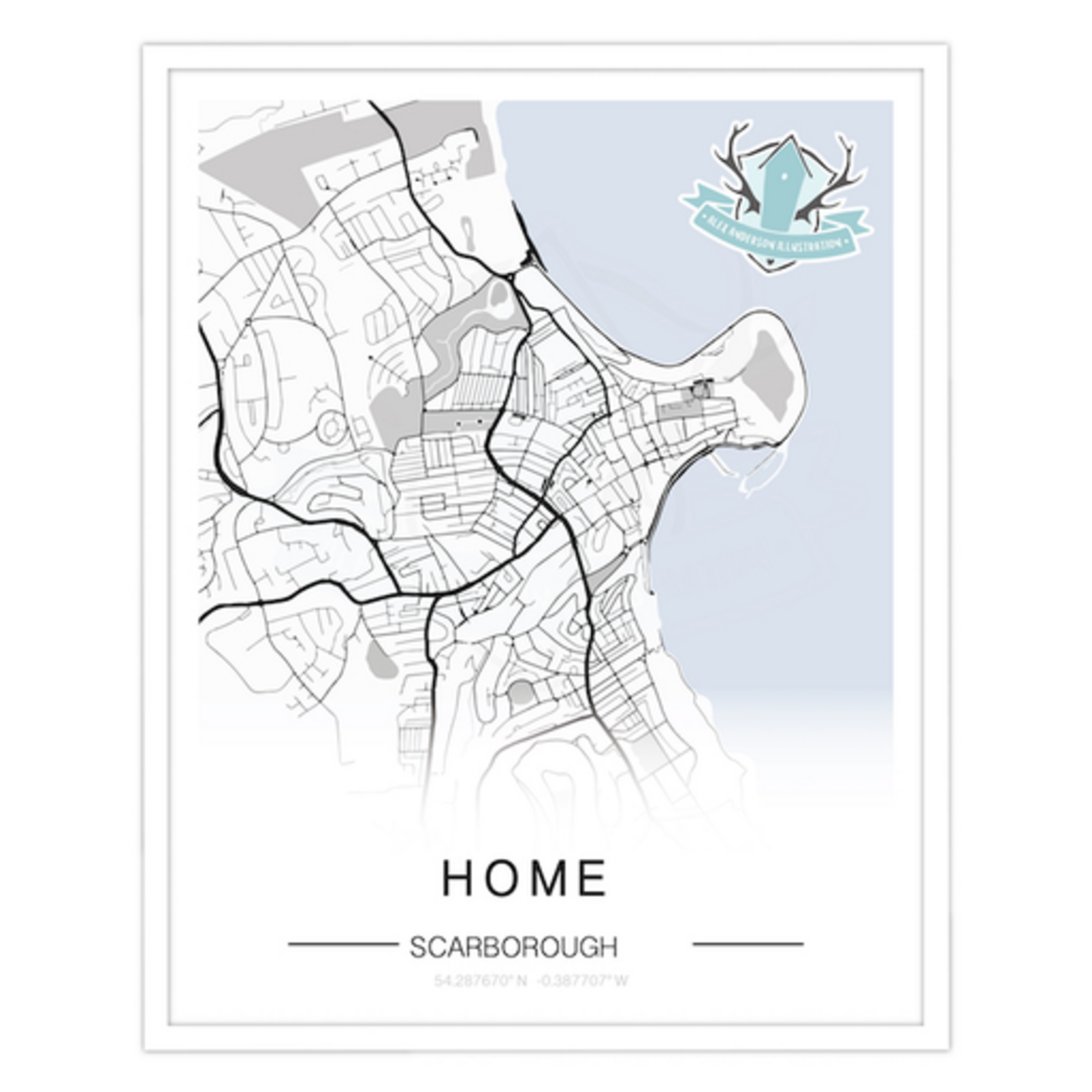 Homebird Art Alex Anderson Scarborough Map Illustration Print - Black and White