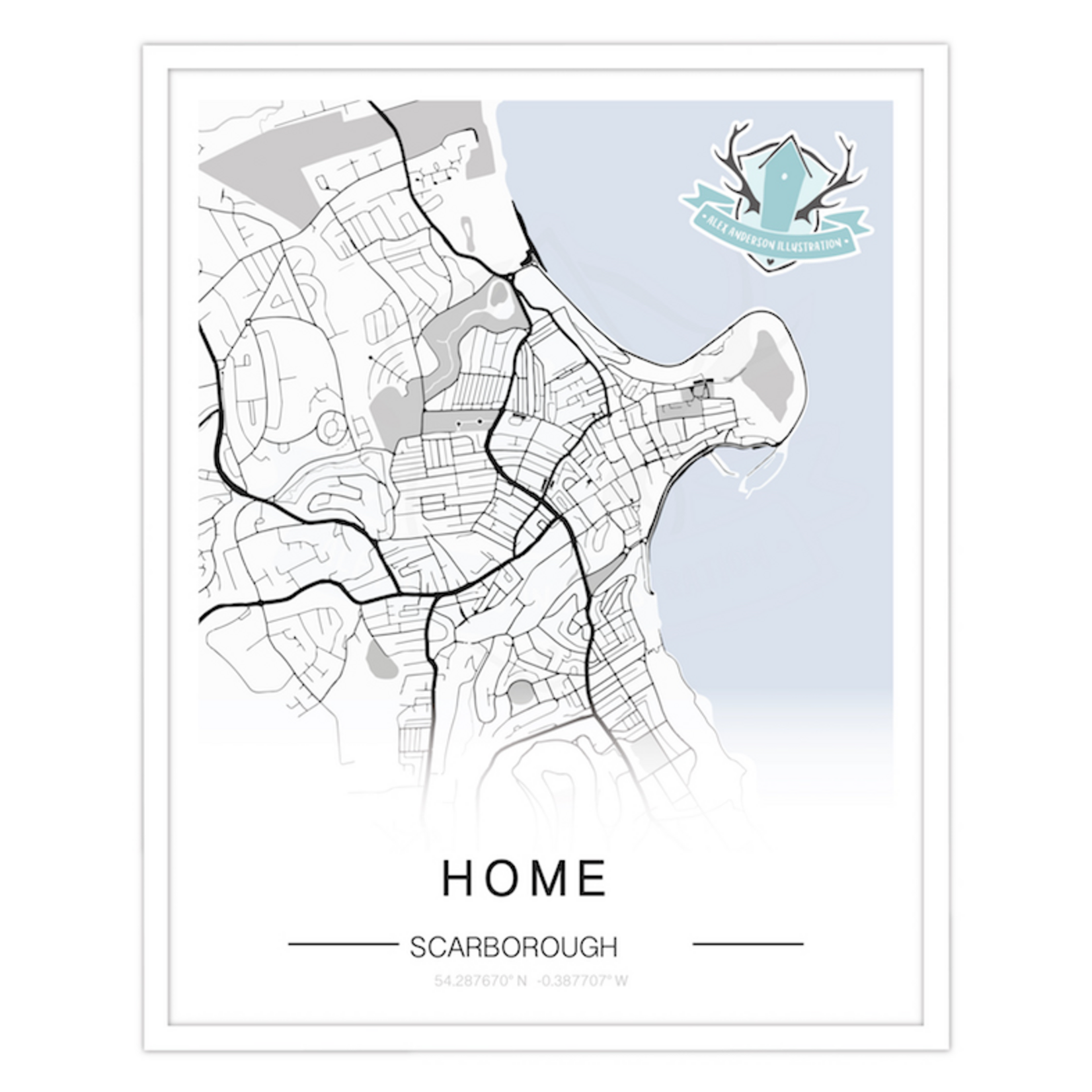 Homebird Art Alex Anderson Scarborough Map Illustration Print - Black and White
