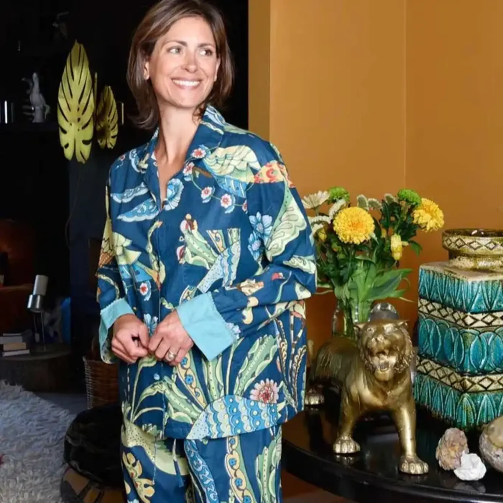 Powell Craft Blue Floral Exotic Bird Print Pyjamas