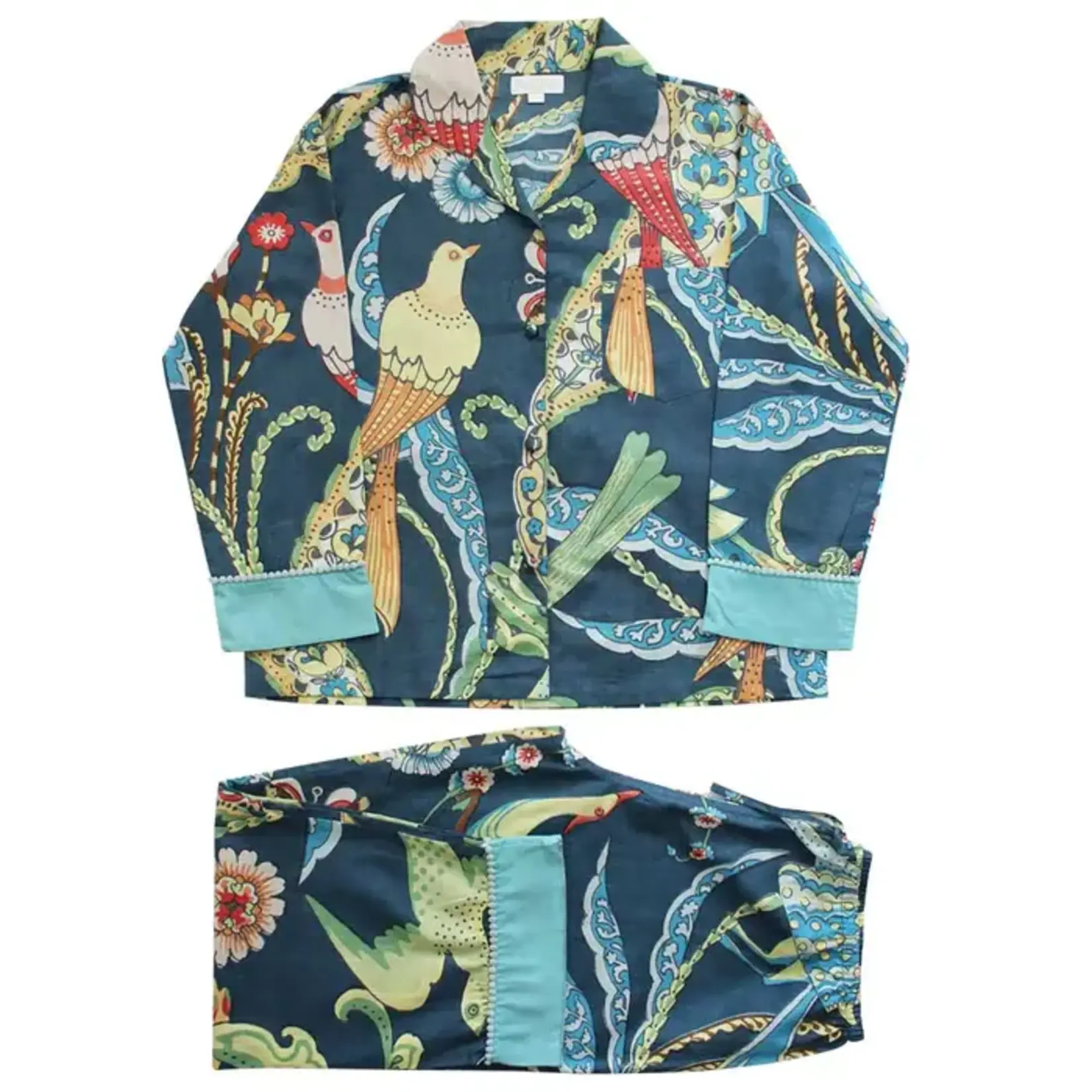 Powell Craft Blue Floral Exotic Bird Print Pyjamas