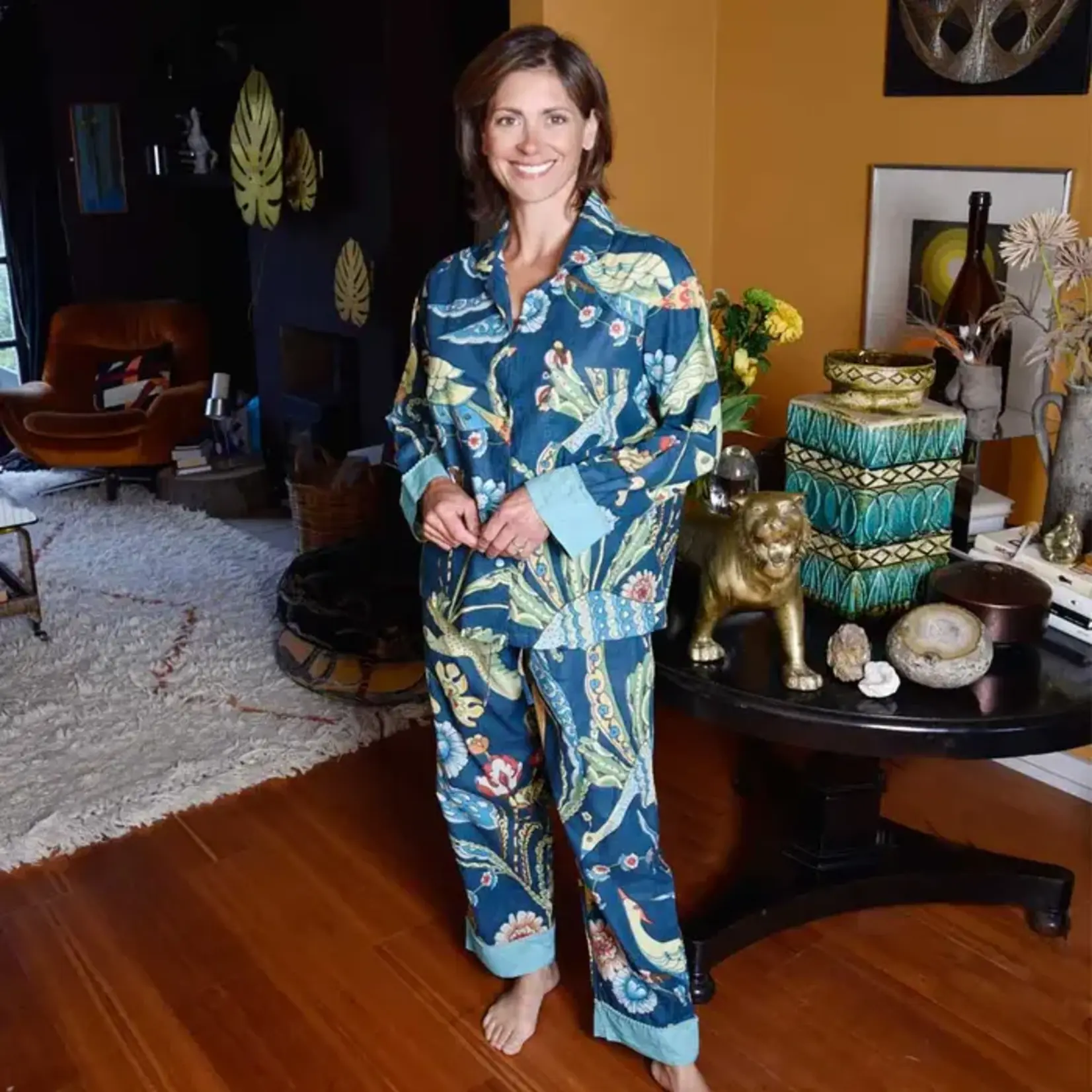 Powell Craft Blue Floral Exotic Bird Print Pyjamas