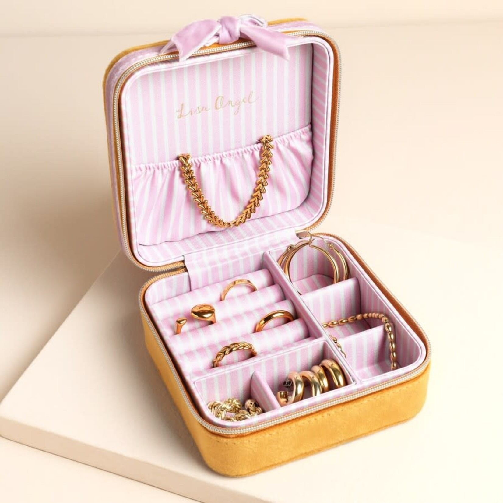 Lisa Angel Mustard and Pink Velvet Bow Square Travel Jewellery Case