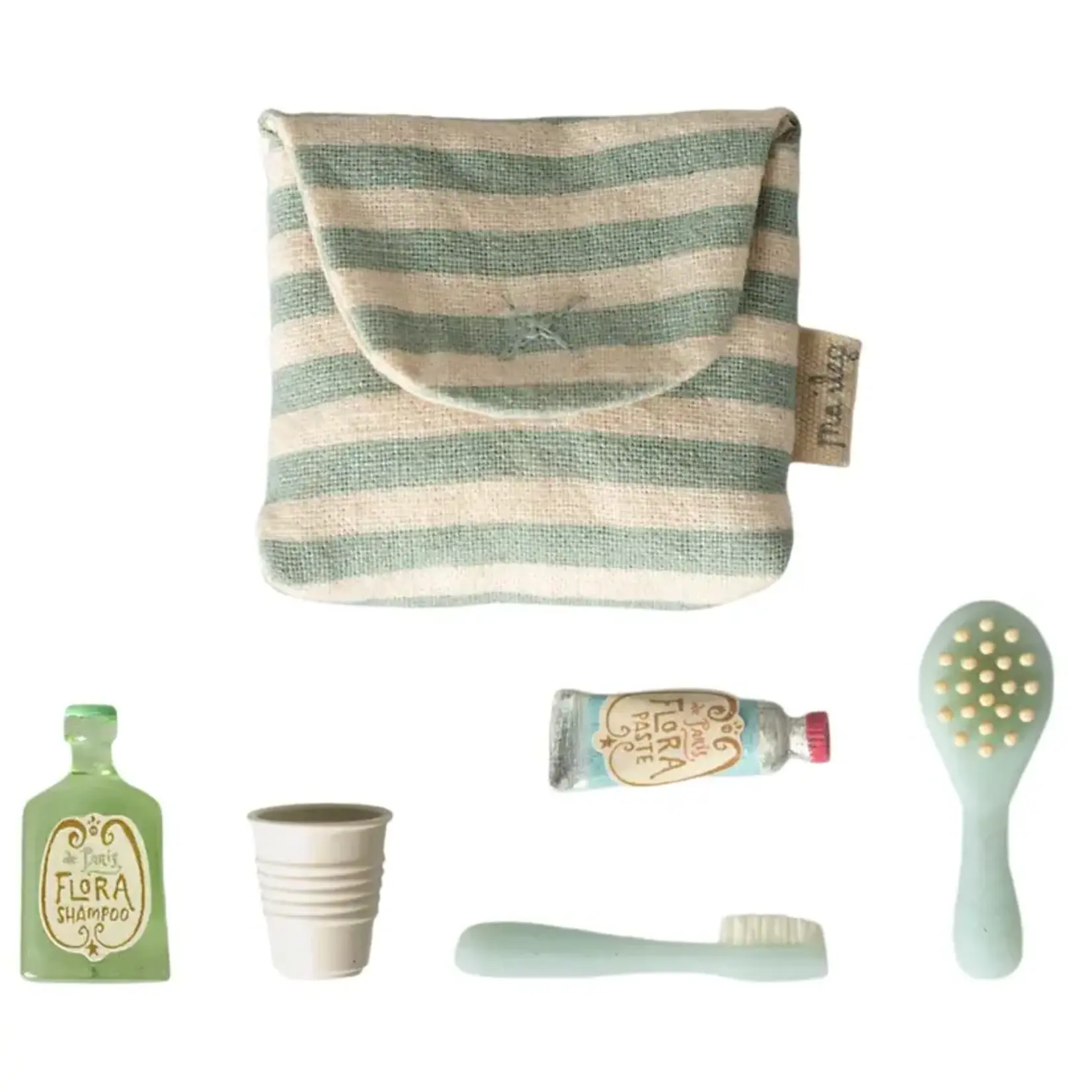 Maileg Maileg Toothbrush set in Toiletry bag Mouse - Blue stripe