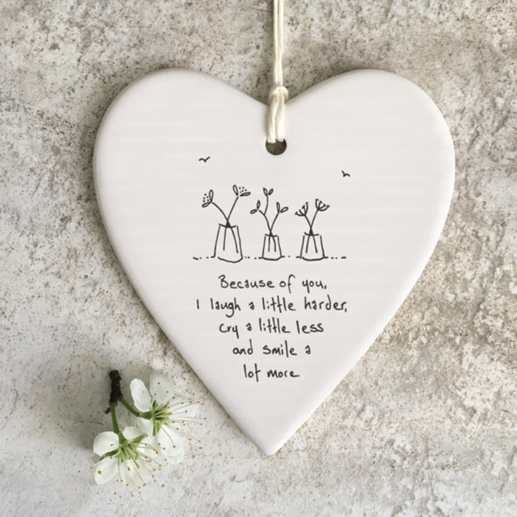 East of India Porcelain Hanging Heart Because of you