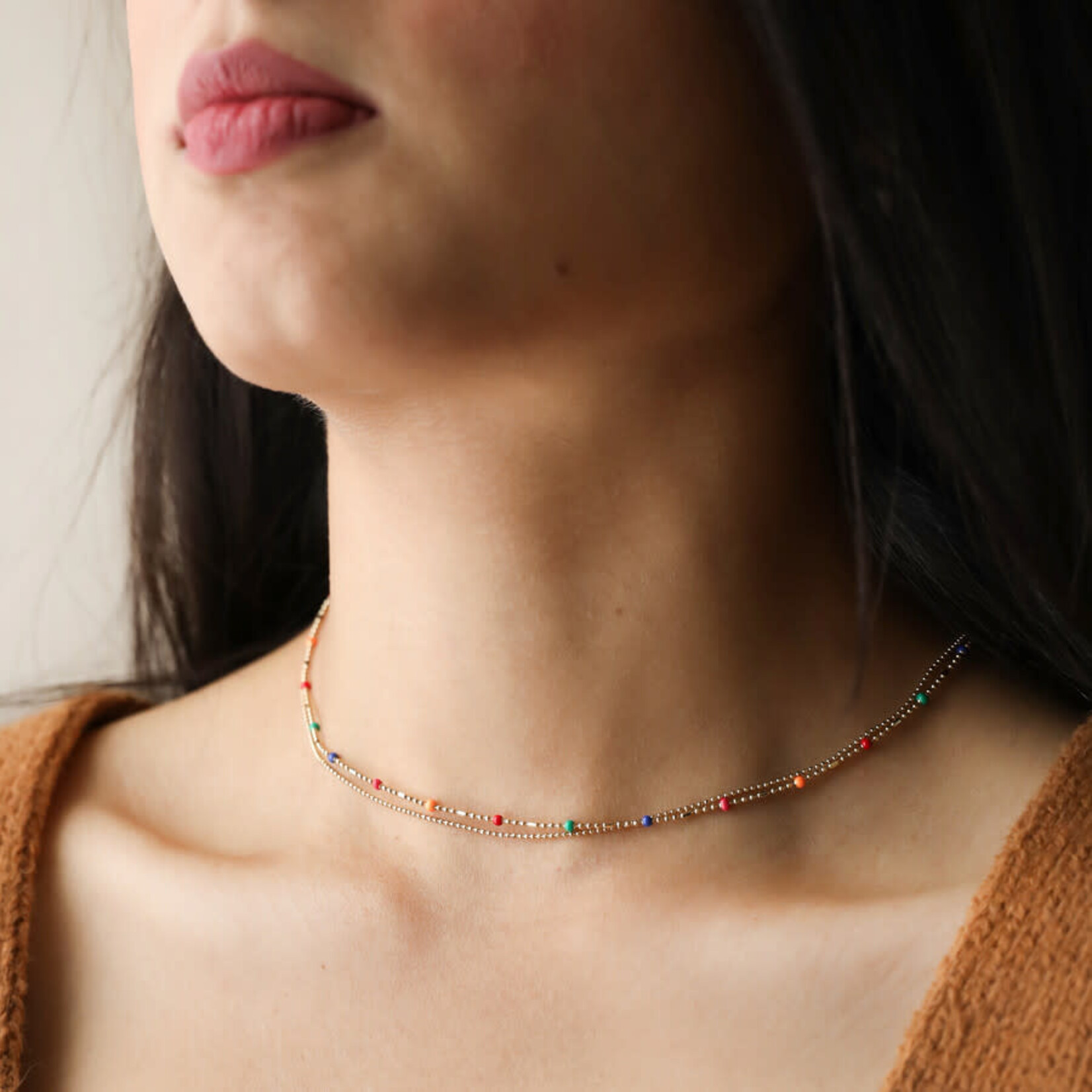 Lisa Angel Rainbow Enamel Ball Chain Layered Necklace in Gold