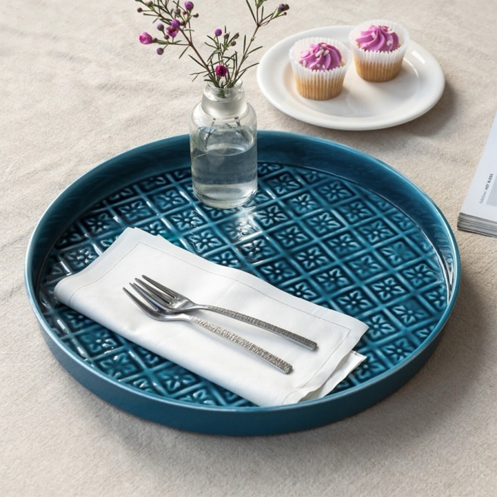 Turquoise Round enamel trinket tray 30cm
