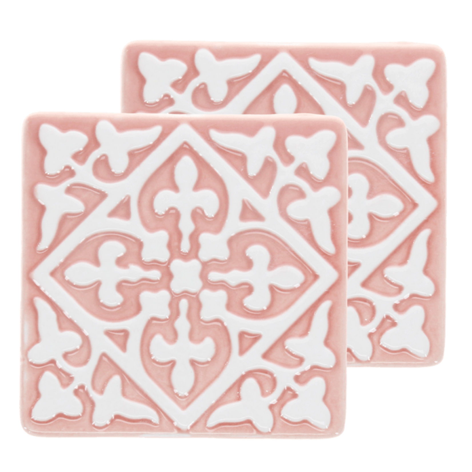 Two Pink and white Embossed Ceramic tile coasters