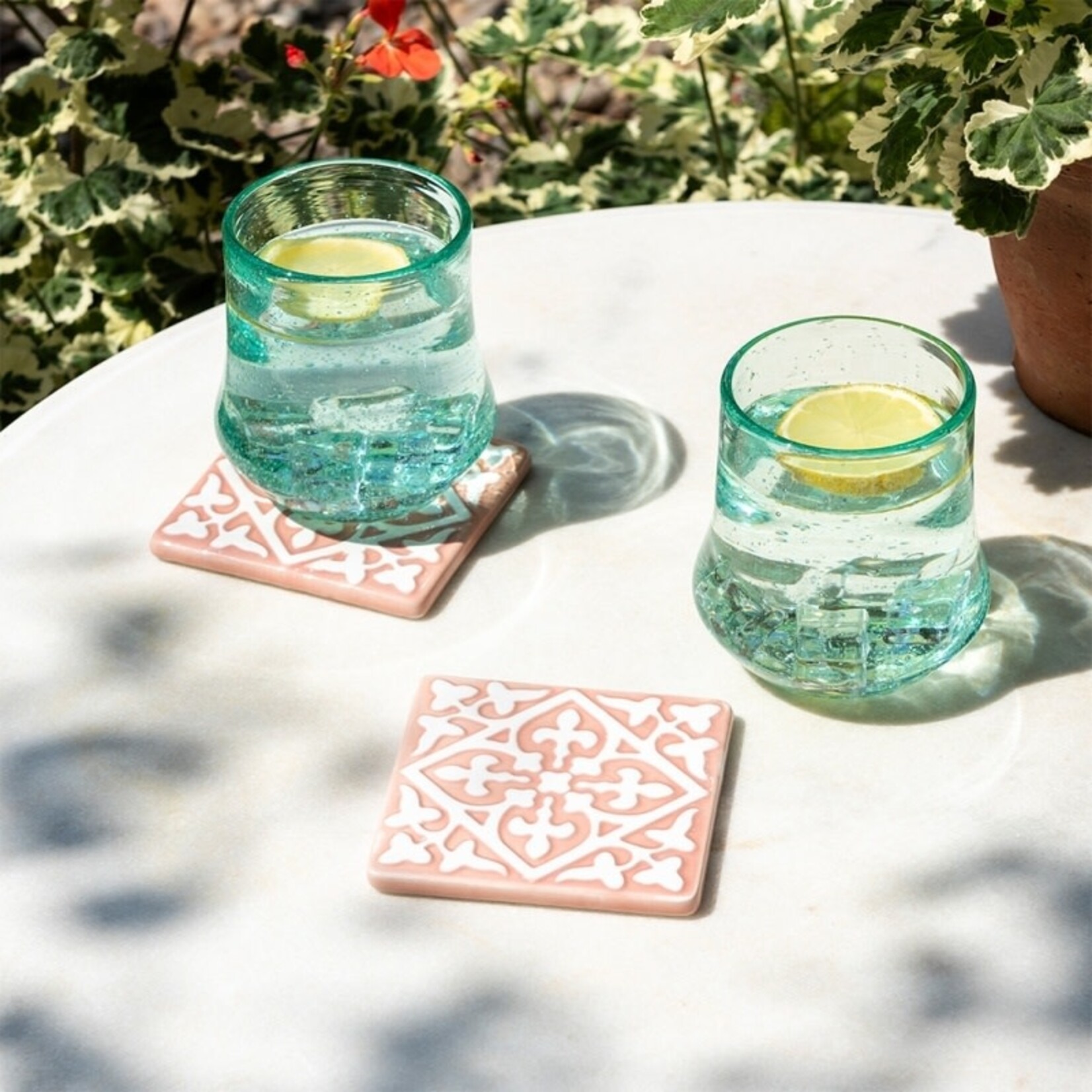 Two Pink and white Embossed Ceramic tile coasters