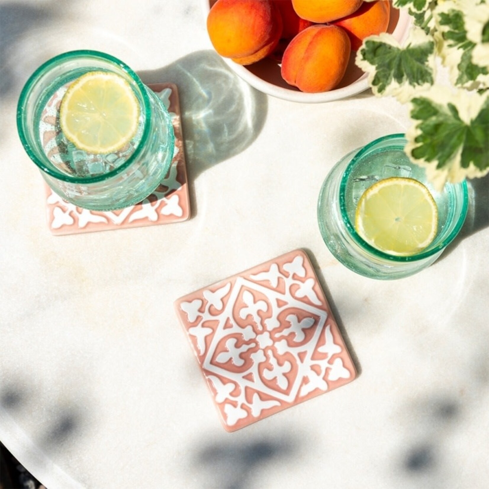 Two Pink and white Embossed Ceramic tile coasters
