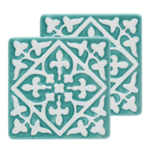 Two Turquoise and white Embossed Ceramic tile coasters
