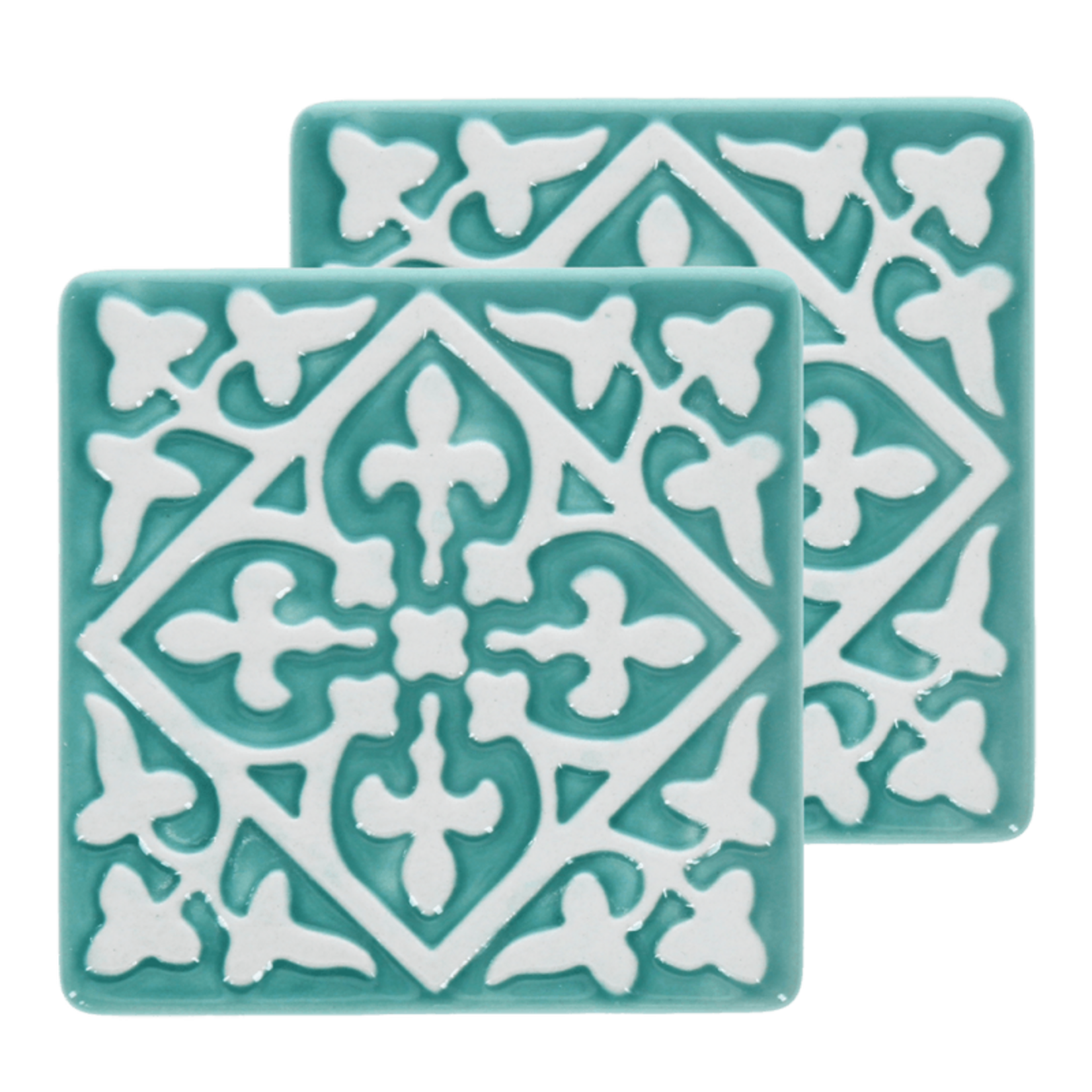 Two Turquoise and white Embossed Ceramic tile coasters