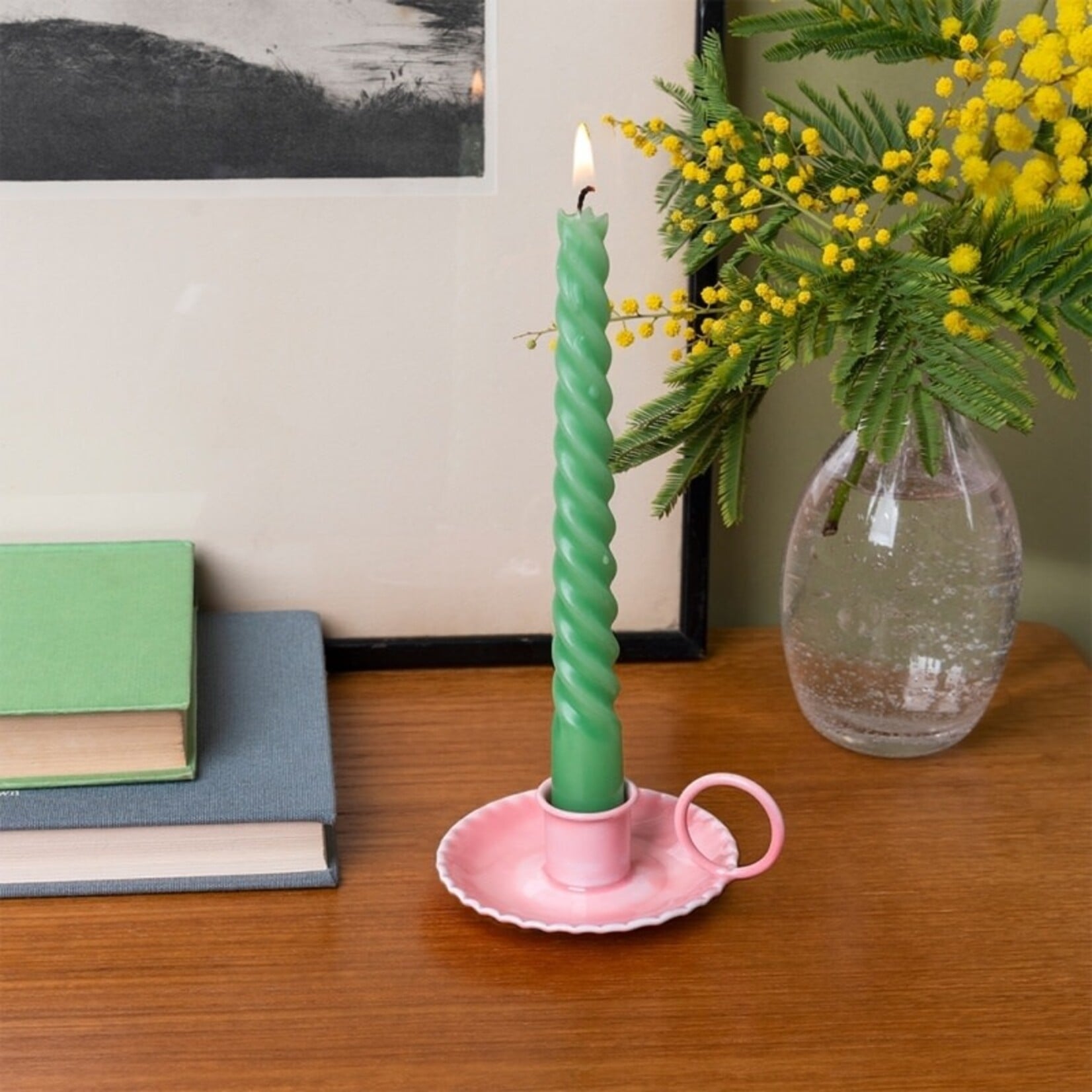 Flamingo Pink Enamel chamberstick Scalloped candle holder