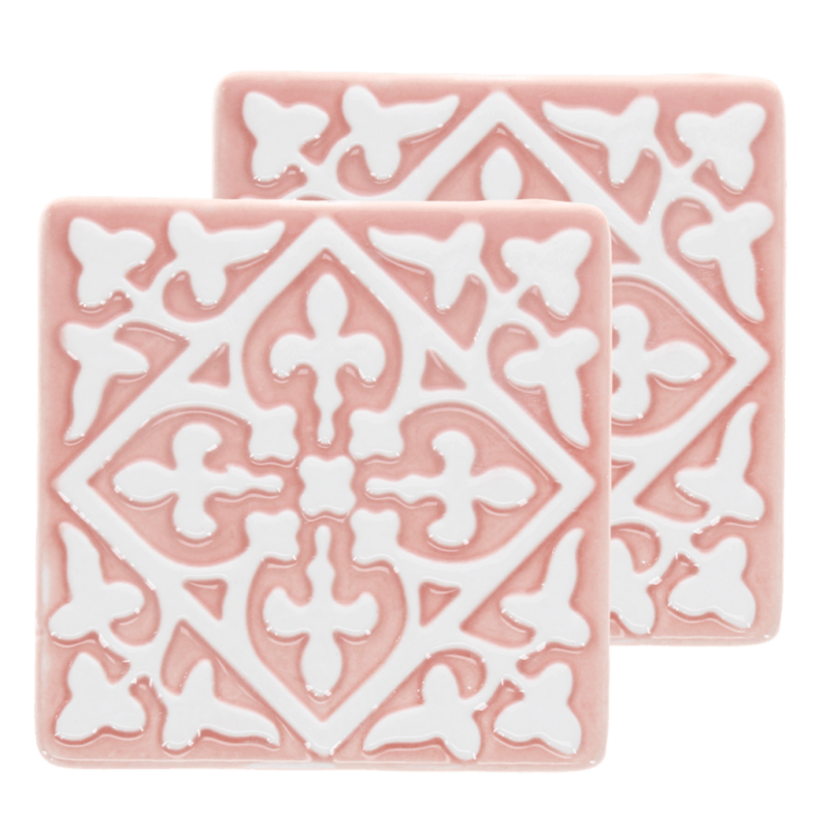 Two Pink and white Embossed Ceramic tile coasters
