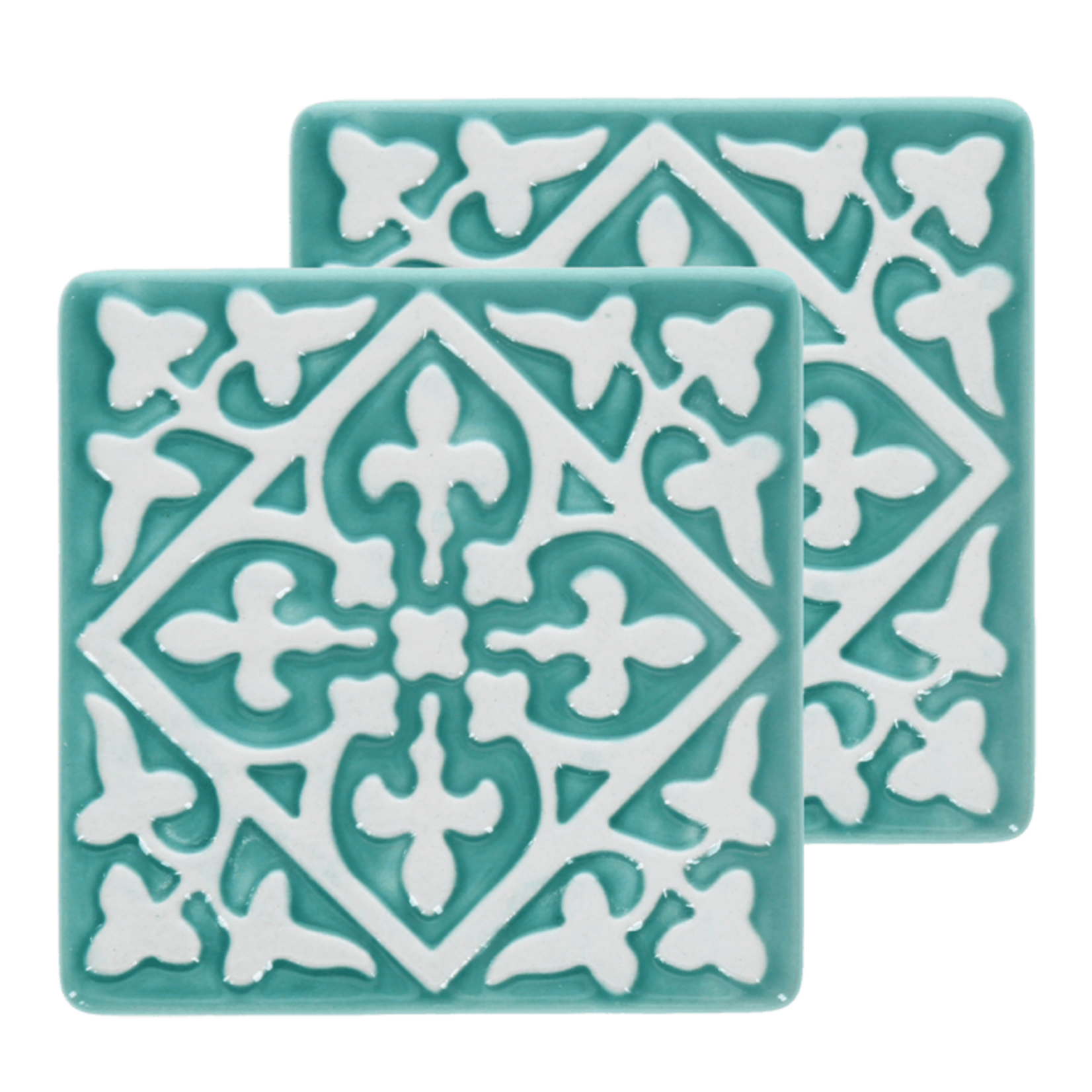 Two Turquoise and white Embossed Ceramic tile coasters