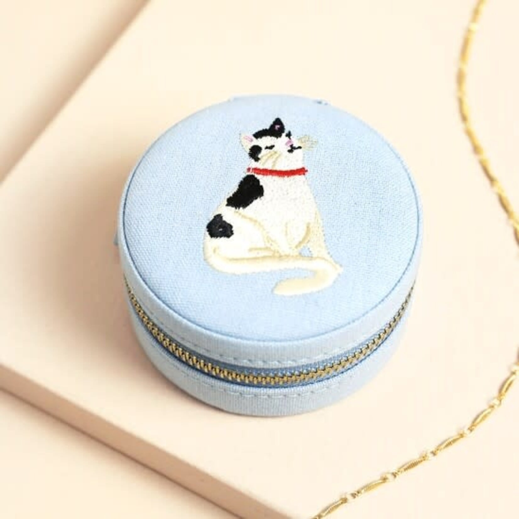 Lisa Angel Embroidered Blue Cat Round Jewellery Case