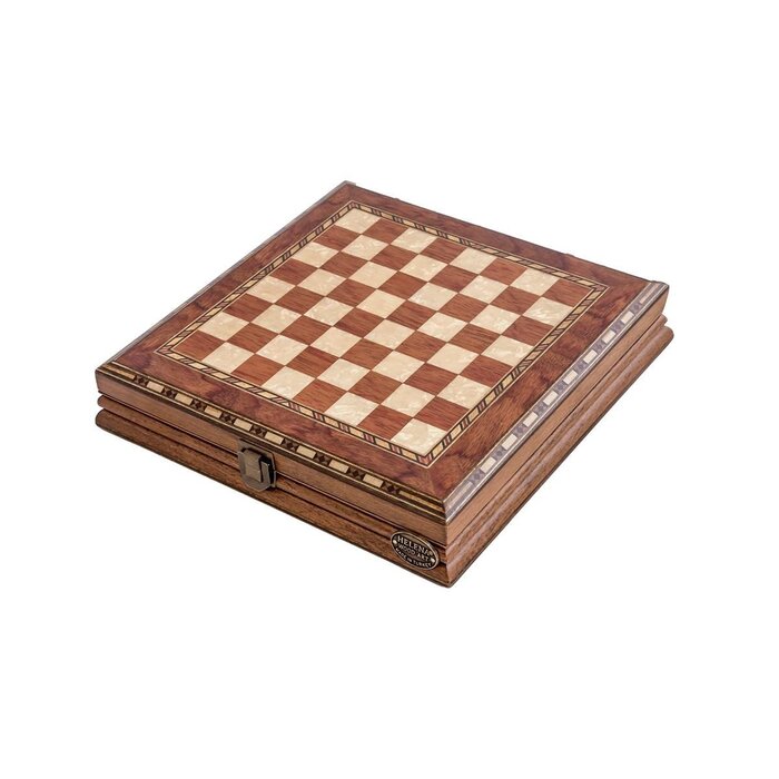 Helena Wood Art Handgemaakte houten schaakbord met opbergsysteem - Metalen Schaakstukken - Luxe uitgave - Schaakspel - Schaakset - Schaken - Chess - 25 x 25 cm