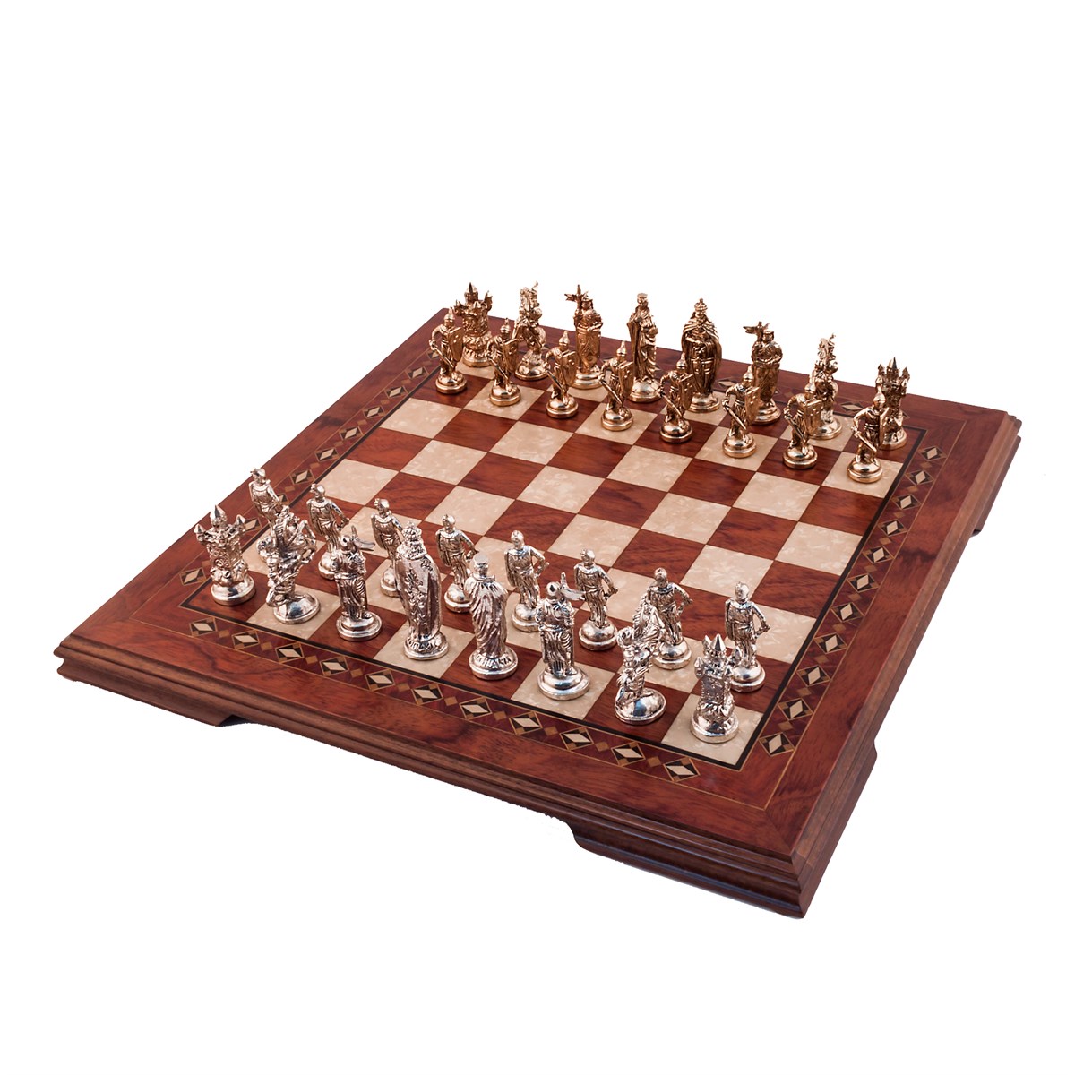 Helena Wood Art Handgemaakte houten schaakbord - Metalen Schaakstukken - Luxe uitgave - Schaakspel - Schaakset - Schaken - Chess - 49,5 x 49,5 cm
