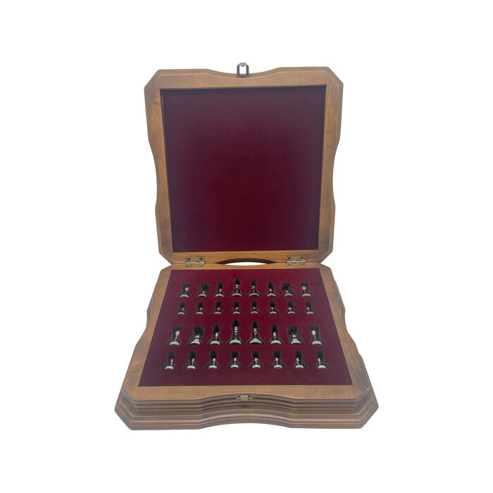Helena Wood Art Handgemaakte houten schaakbord met opbergsysteem - Metalen Schaakstukken - Luxe uitgave - Schaakspel - Schaakset - Schaken - Chess - 40 x 40 cm