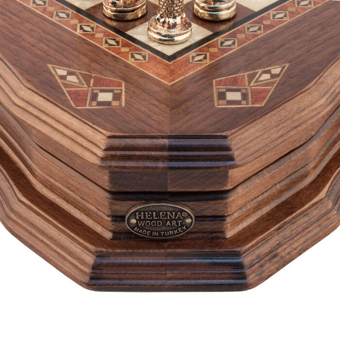 Helena Wood Art Handgemaakte houten schaakbord met opbergsysteem - Metalen Schaakstukken - Luxe uitgave - Schaakspel - Schaakset - Schaken - Chess - 38,5 x 38,5 cm