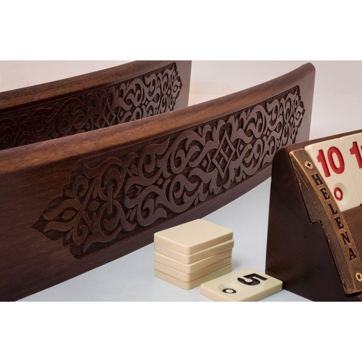 Helena Wood Art Handgemaakte ovale rummy speelset - Okey - Luxe uitgave - Inclusief tas - Rummi