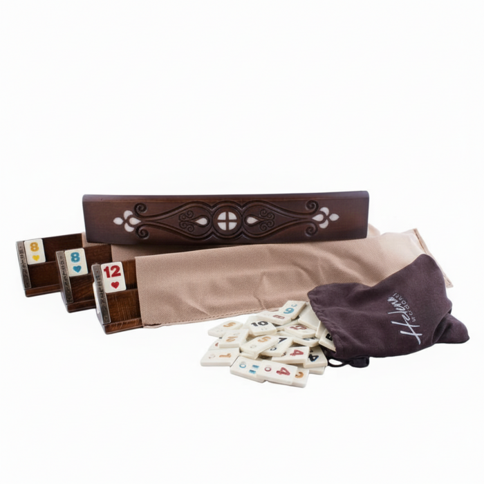 Helena Wood Art Handgemaakte Ovale Rummy Speelset - Okey - Luxe uitgave - Inclusief Tas - Rummi