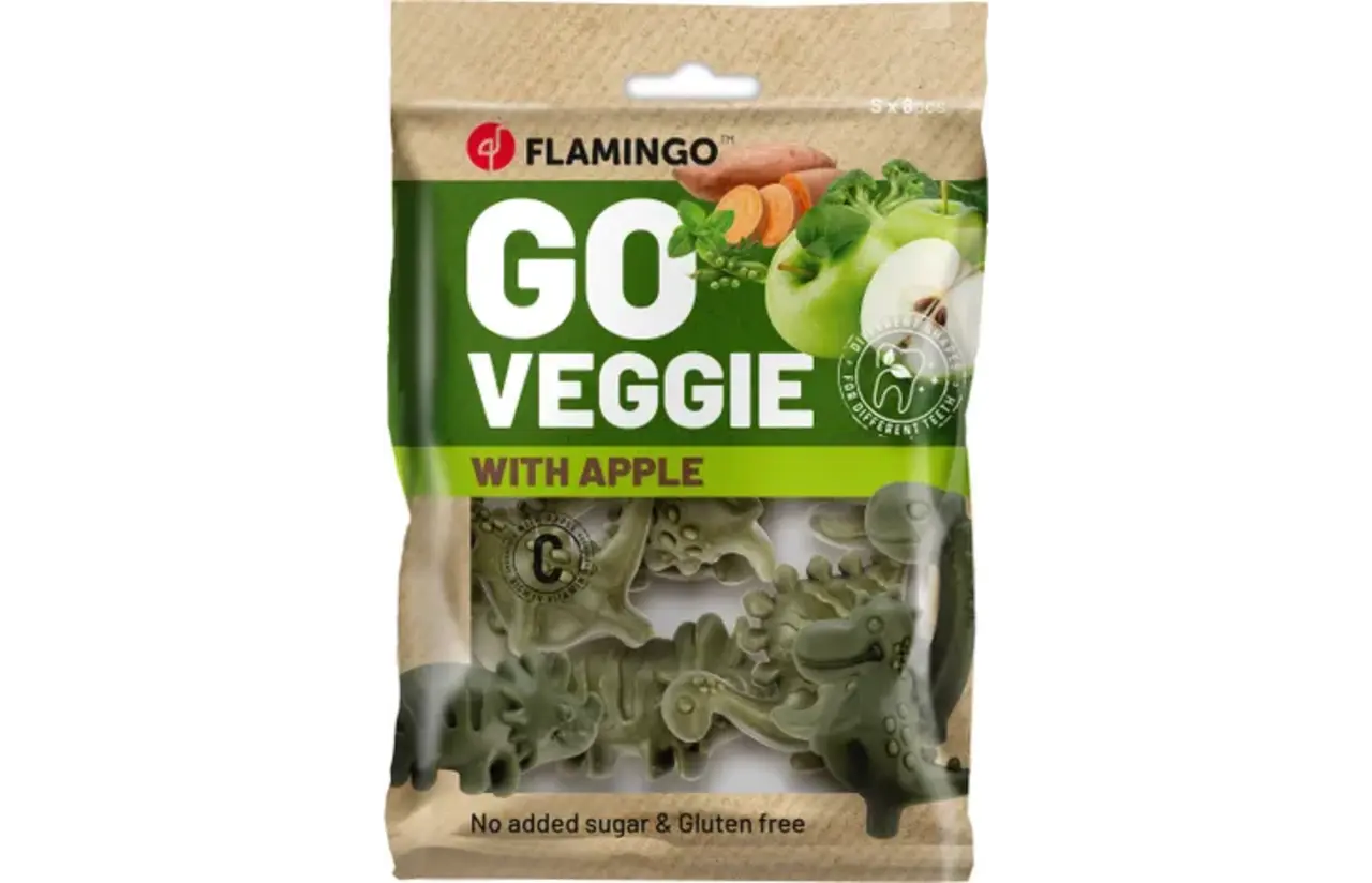Flamingo Veggie Snacks met Appel - DINO - 120 gram Flamingo Veggie Snacks met Appel - DINO - 120 gram