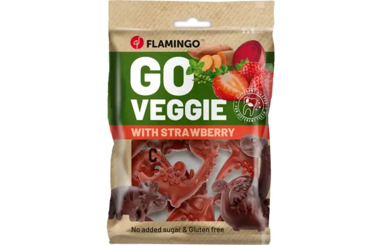 Flamingo Veggie Snacks met Aardbei - DINO - 120 gram Flamingo Veggie Snacks met Aardbei - DINO - 120 gram