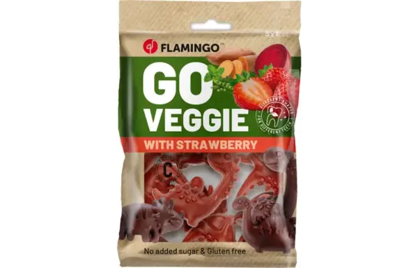 Flamingo Veggie Snacks met Aardbei - DINO - 120 gram Flamingo Veggie Snacks met Aardbei - DINO - 120 gram