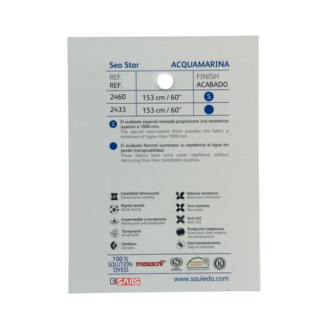 Sauleda Sauleda | Sea Star Special | Bootdoek | Breedte 153 cm | 330 gr/m2 | Kleur 2460 ACQUAMARINA Sauleda Sauleda | Sea Star Special | Bootdoek | Breedte 153 cm | 330 gr/m2 | Kleur 2460 ACQUAMARINA