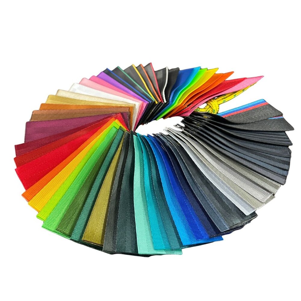Sample waaier veiligheidsgordelband – alle 50+ kleuren (15 cm stroken) Sample waaier veiligheidsgordelband – alle 50+ kleuren (15 cm stroken)