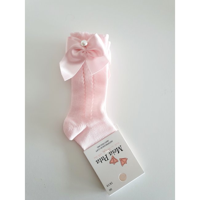 Meia Pata Babyroze kniekous met satijnen strikje en parel