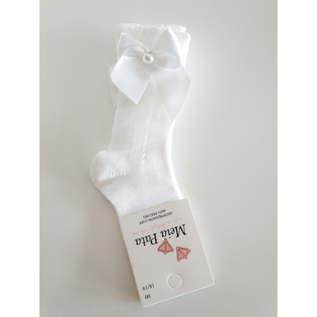 Meia Pata Witte kniekous met satijnen strikje en parel